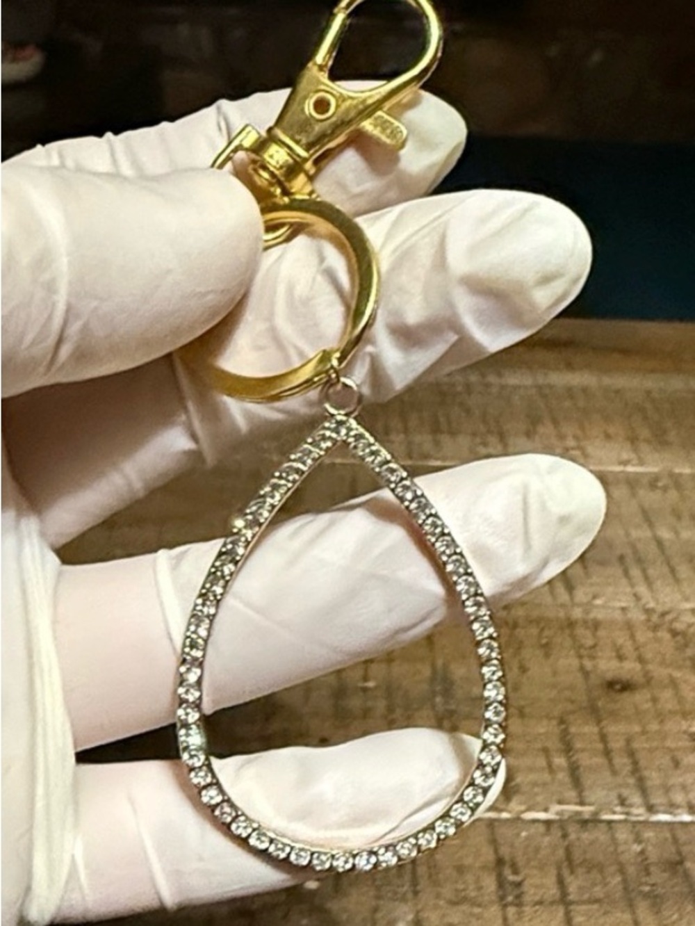 Gold Tone Teardrop Crystal Keychain